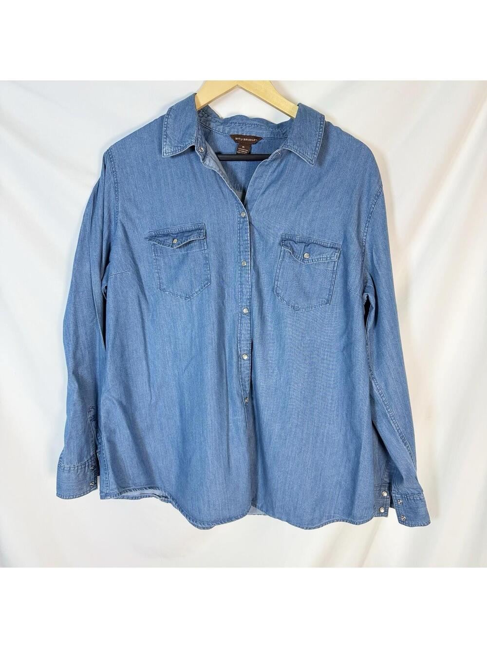Bit & Bridle Women’s Denim Shirt Button Down Pearl Snap XL